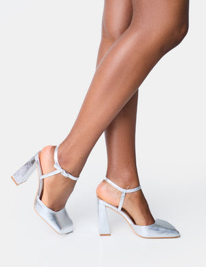 Leighton Cracked Silver Slant Toe Block Heels