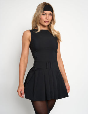 Bengaline Black Belt Detail Pleated Mini Dress Black