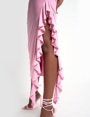 Drape Asymmetric Slinky Maxi Dress Pink