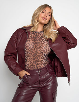 Faux Leather Oversized Bomber Jacket Burgundy