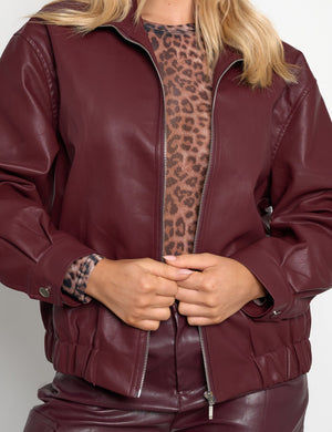 Faux Leather Oversized Bomber Jacket Burgundy