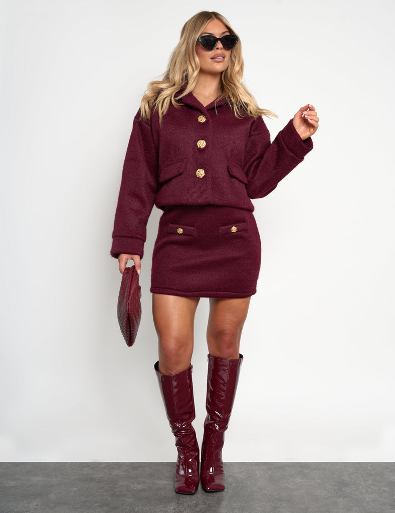 Faux Wool Gold Button Detail Mini Skirt Co Ord Burgundy