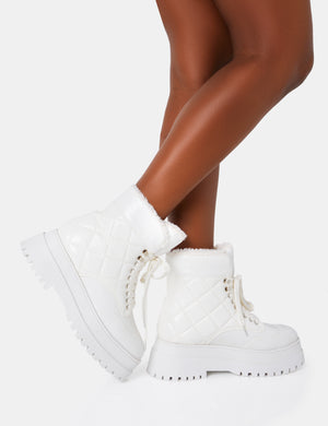 Magda White Patent Crinkled Quilted Faux Fur Lining Tie Up Chunky Sole Rounded Toe Ankle Boots