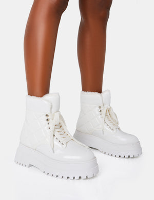 Magda White Patent Crinkled Quilted Faux Fur Lining Tie Up Chunky Sole Rounded Toe Ankle Boots