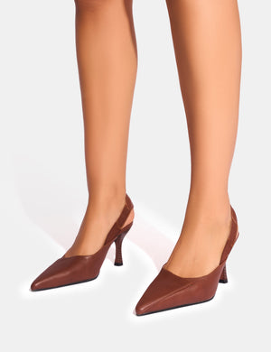 Malia Vintage Brown Fold Over Detail Cushioned Slingback Court Heels