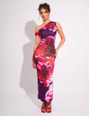 Kaiia Slinky Twist Off Shoulder Flower Print Maxi Dress Purple