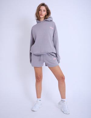 Kaiia Embossed Bubble Logo Oversized Hoodie Slate Grey & Pink