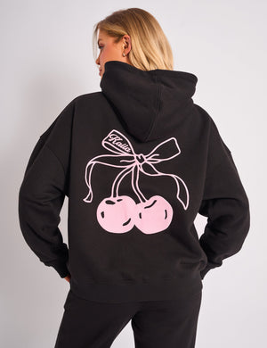 Kaiia Cherry Bow Graphic Oversized Hoodie Black & Pink