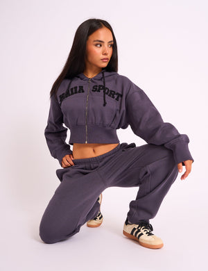 Kaiia Sport Logo Zip Through Cropped Hoodie Dark Grey