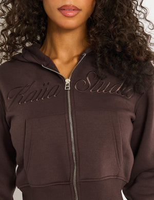 Kaiia Studio Script Logo Cropped Zip Up Hoodie Mocha