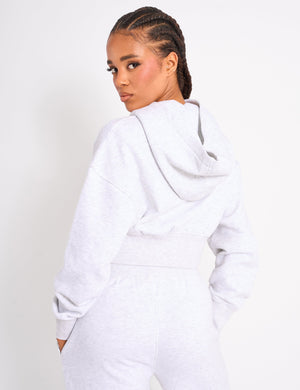 Kaiia Slogan Cropped Zip Up Hoodie Light Grey Marl & White