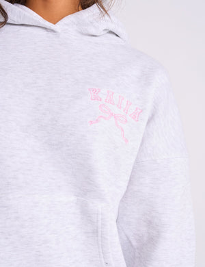 Kaiia Bow Embroidered Oversized Hoodie Light Grey Marl & Baby Pink