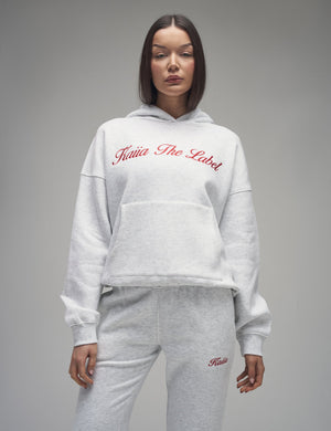 Kaiia Script Logo Oversized Hoodie Light Grey Marl & Red