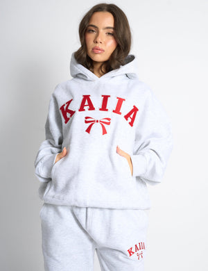 Kaiia Bow Embroidered Oversized Hoodie Light Grey Marl & Red