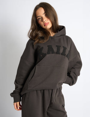 Kaiia Borg Slogan Oversized Hoodie Chocolate