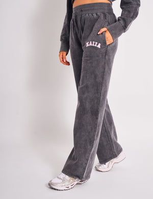 Kaiia Ribbed Waistband Wide Leg Sweat Pants Washed Dark Grey & Pink