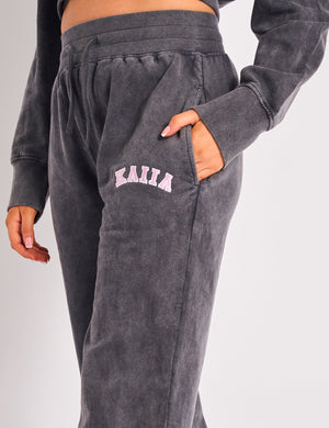 Kaiia Ribbed Waistband Wide Leg Sweat Pants Washed Dark Grey & Pink