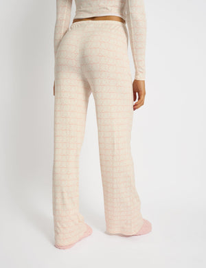 Kaiia Bow Print Lace Wrap Top & Trouser Pj Set Cream & Pink