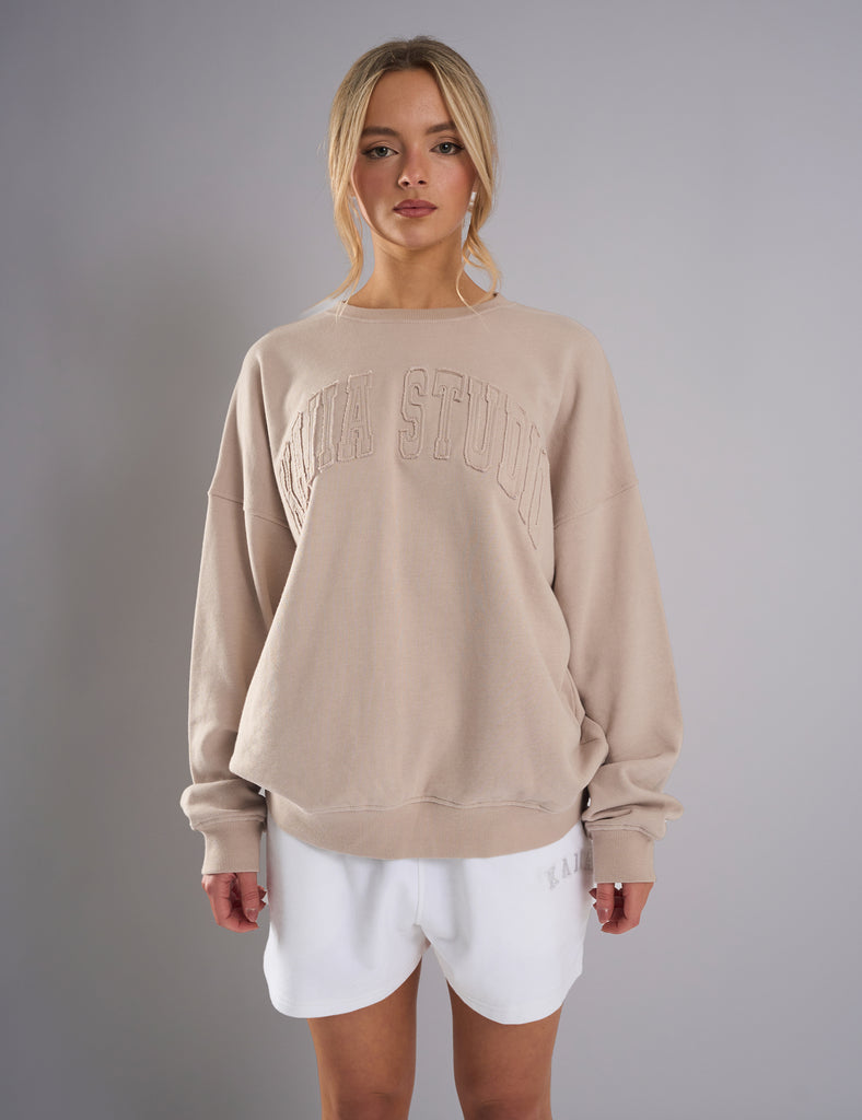 Kaiia Studio Distressed Applique Sweatshirt Stone