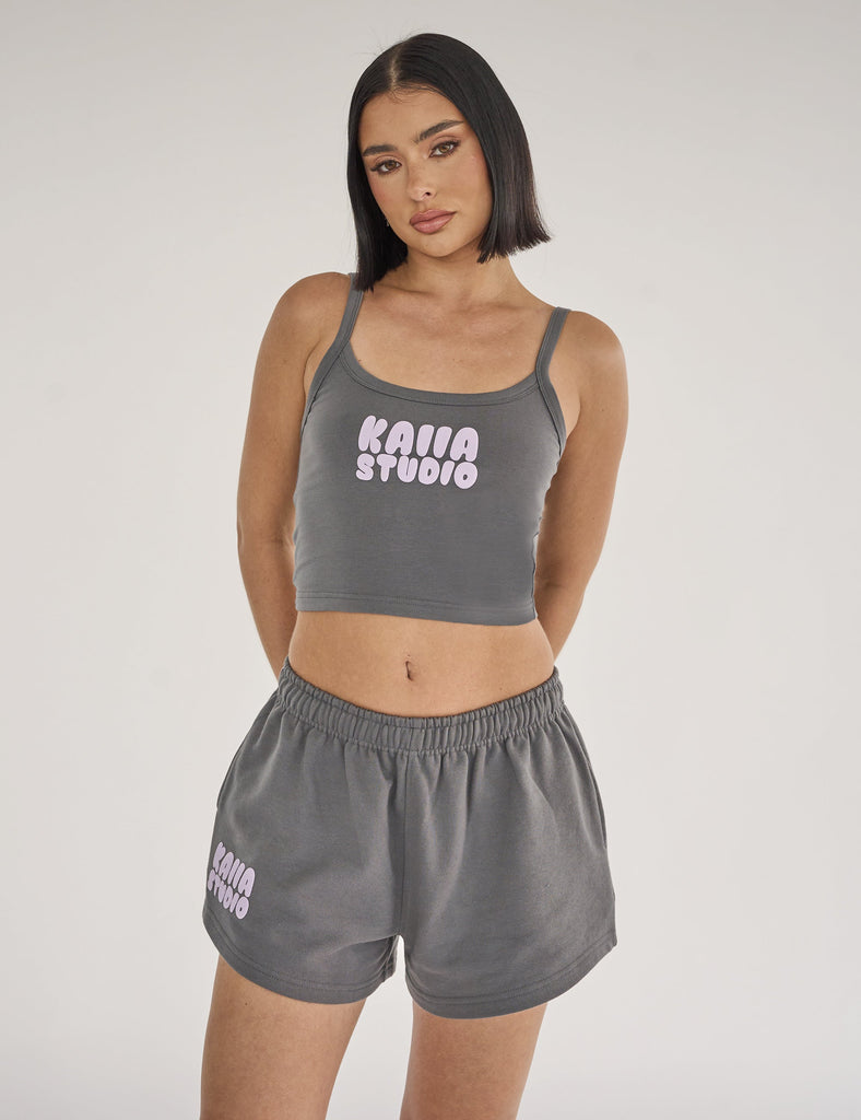 Kaiia Studio Bubble Logo Cami Vest Top Dark Grey & Lilac