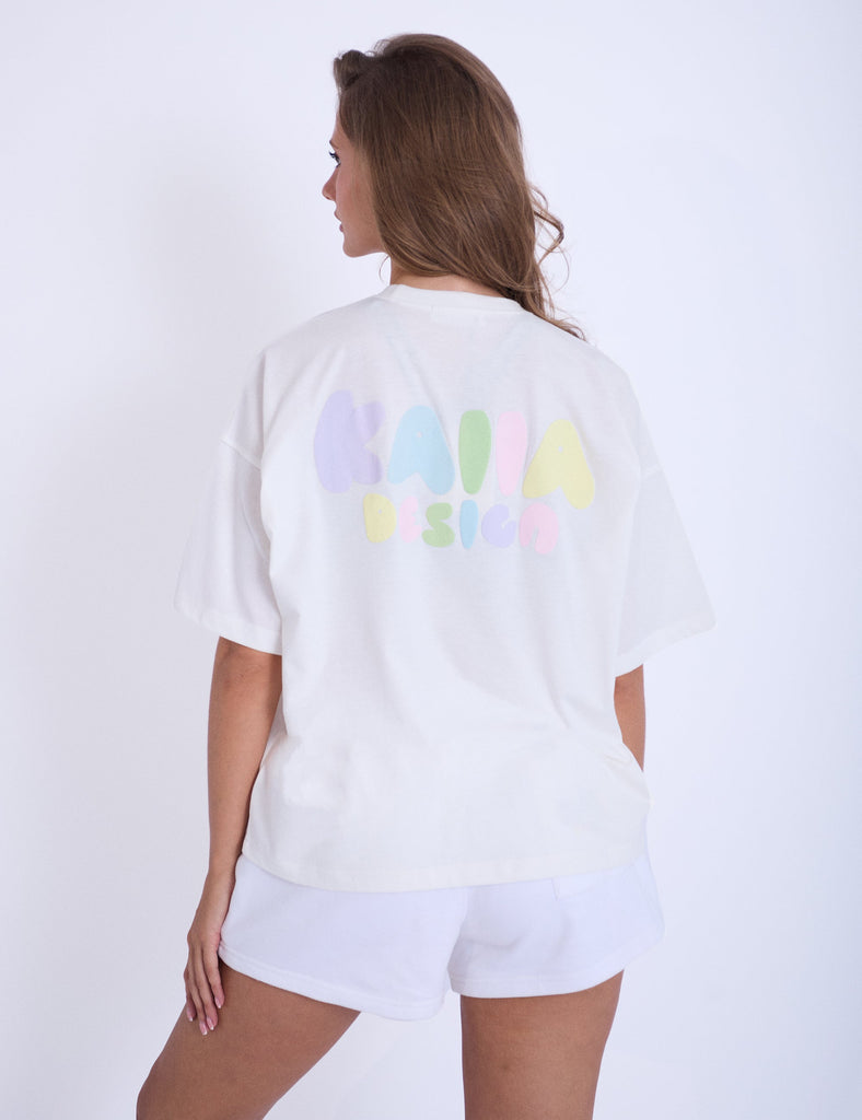 Kaiia Bubble Logo Oversized Tee Off White & Rainbow