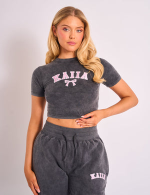 Kaiia Bow Embroidered Baby Tee Washed Dark Grey & Pink