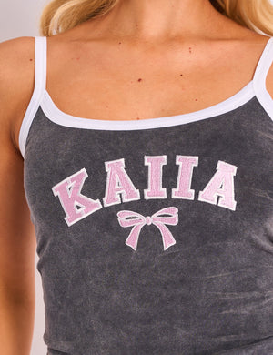 Kaiia Bow Embroidered Cami Top Washed Dark Grey & Pink