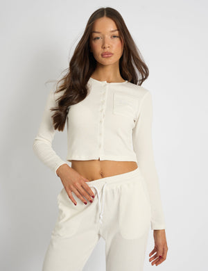 Kaiia Waffle Button Up Long Sleeve Top Cream