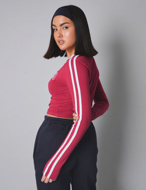 Kaiia Sporty Long Sleeve Tee with Contrast Binding in Red and White