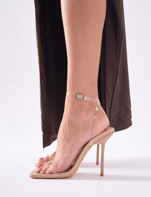 Rya Nude Perspex Mirror Square Toe Strappy Barely There Stiletto High Heels