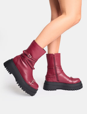 Odessa Burgundy Multi Strap Detail Chunky Sole Ankle Boots