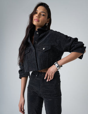 Diamante Denim Cropped Jacket Black