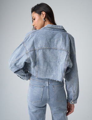 Diamante Denim Cropped Jacket Blue