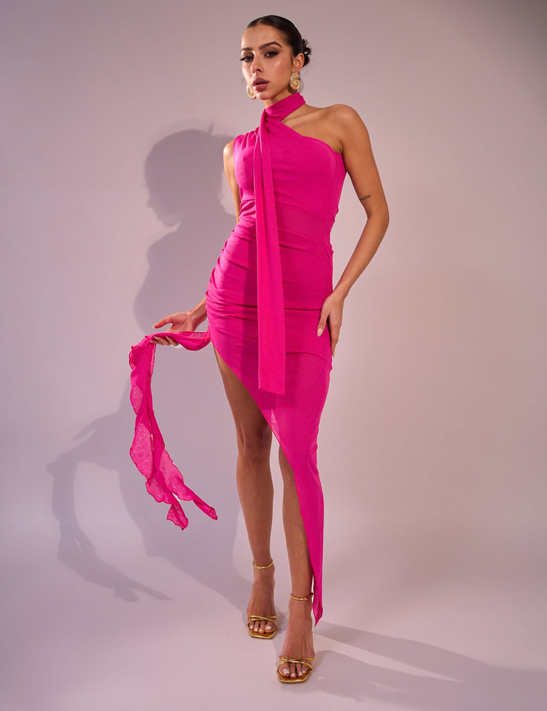 Mesh Choker Detail Asymmetric Midaxi Dress Fuchsia Pink