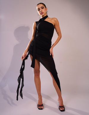 Mesh Choker Detail Asymmetric Midaxi Dress Black