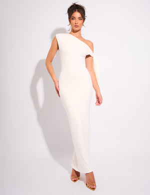 Knot Detail Asymmetric One Shoulder Luxe Slinky Maxi Dress White