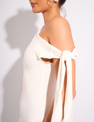 Knot Detail Asymmetric One Shoulder Luxe Slinky Maxi Dress White