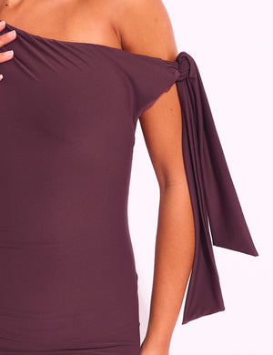 Knot Detail Asymmetric One Shoulder Luxe Slinky Mini Dress Burgundy