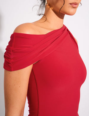 One Shoulder Asymmetric Luxe Slinky Mini Dress Red