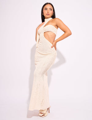 Textured Asymmetric Cut Out Maxi Dress Cream