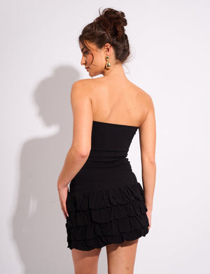 Tiered Ruffle Hem Bandeau Mini Dress Black