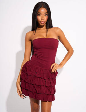 Bandeau Balloon Mini Dress Burgundy