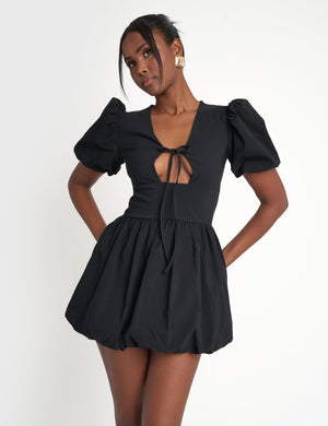 Cut Out Puff Sleeve Bubble Hem Mini Dress Black