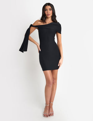 Slinky Over Shoulder Tie Detail Mini Dress Black