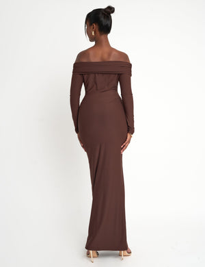 Slinky Bardot Maxi Dress Brown