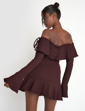 Textured Bardot Mini Dress Chocolate