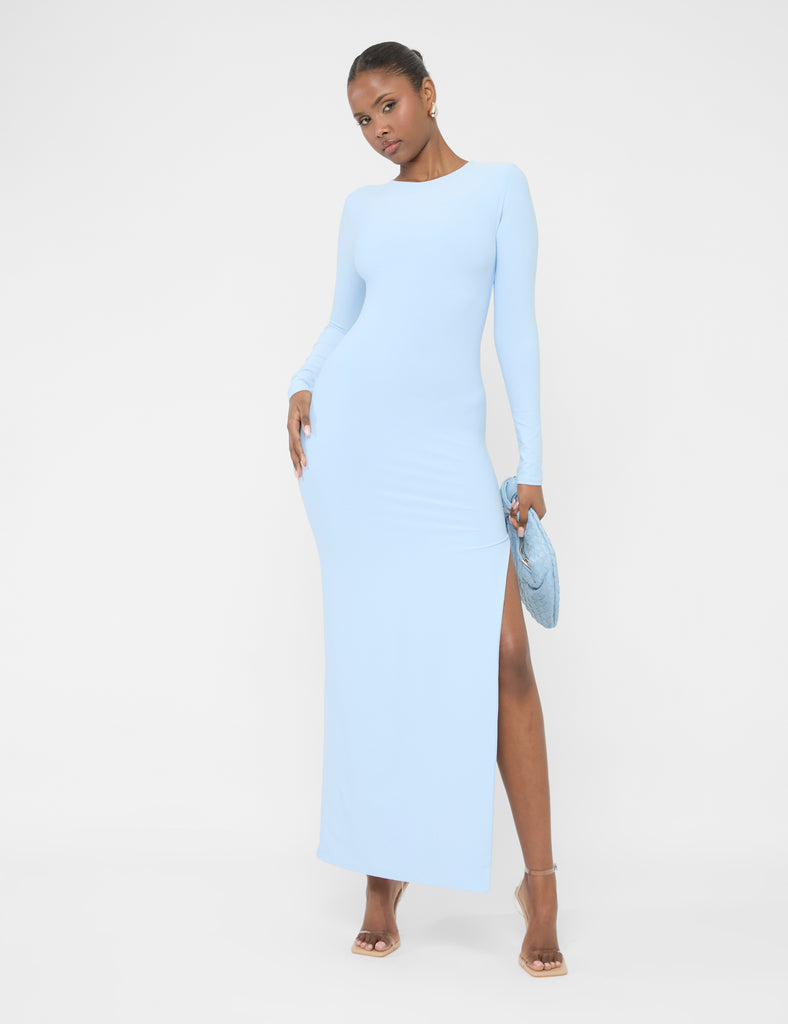 Long Sleeve Side Leg Split Luxe Slinky Maxi Dress Blue