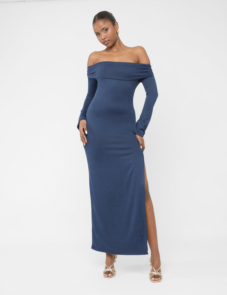 Long Sleeve Off The Shoulder Bardot Maxi Dress Navy