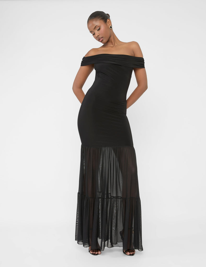 Slinky Bardot Fold Over Mesh Hem Maxi Dress Black