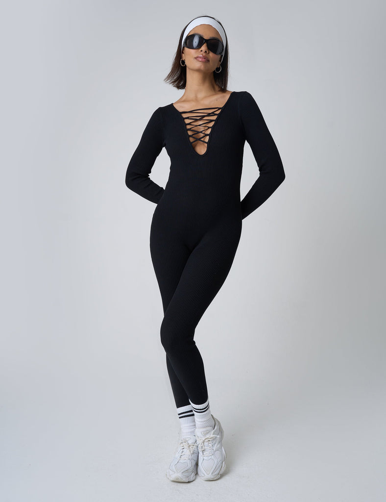 Tie Front Ribbed Long Sleeve Unitard Black